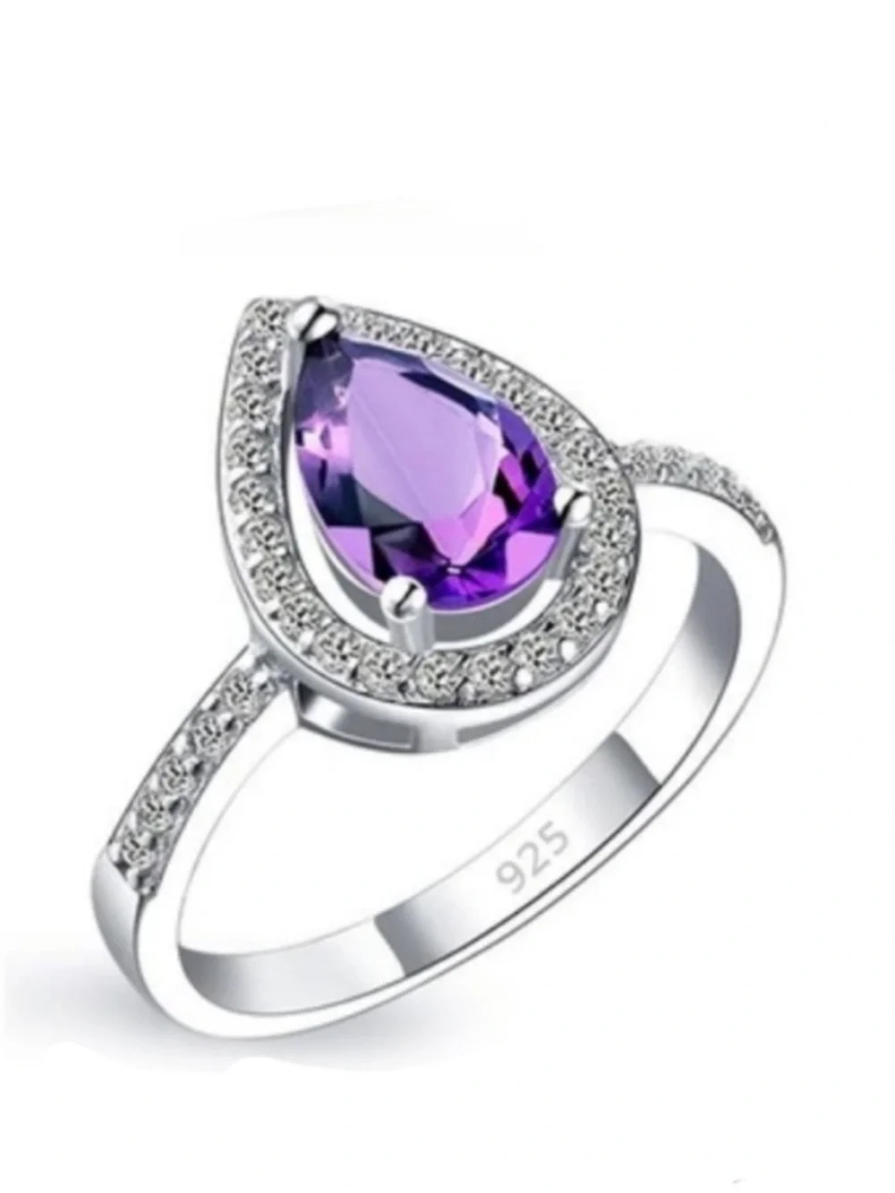 Swarovski Elements 925 Sterling Silver Amethyst Purple Teardrop Ring NEW